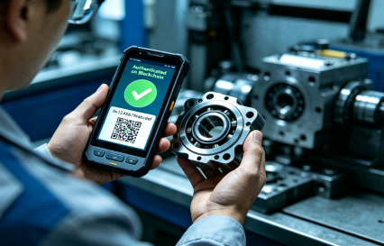 Handheld RFID reader for inventory authenticating an industrial asset on a blockchain ledger.