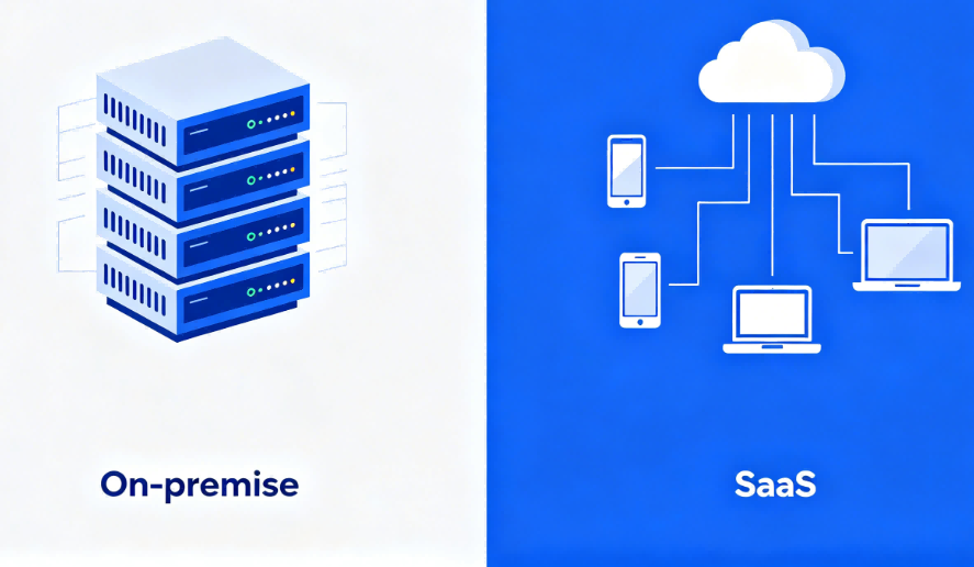 A conceptual graphic showing the difference between traditional on-premise servers and modern cloud-based SaaS asset management systems.