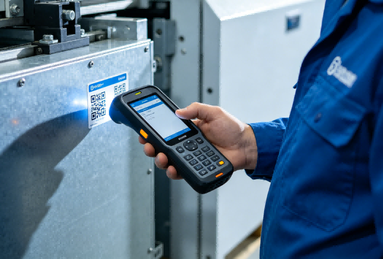 An employee using a mobile application to scan a QR code on office equipment for instant synchronization with the cloud asset database.