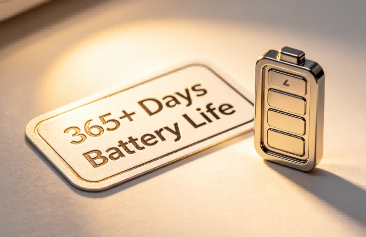 Close-up of a durable wireless sound and light tag featuring a battery life that exceeds 12 months for low-maintenance warehouse use.