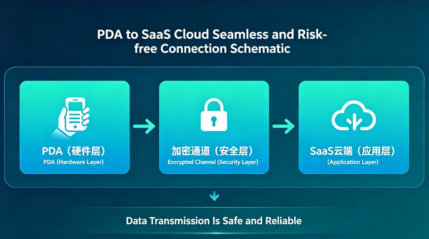 Schematic showing secure data synchronization between FYJ hardware and SaaS cloud.