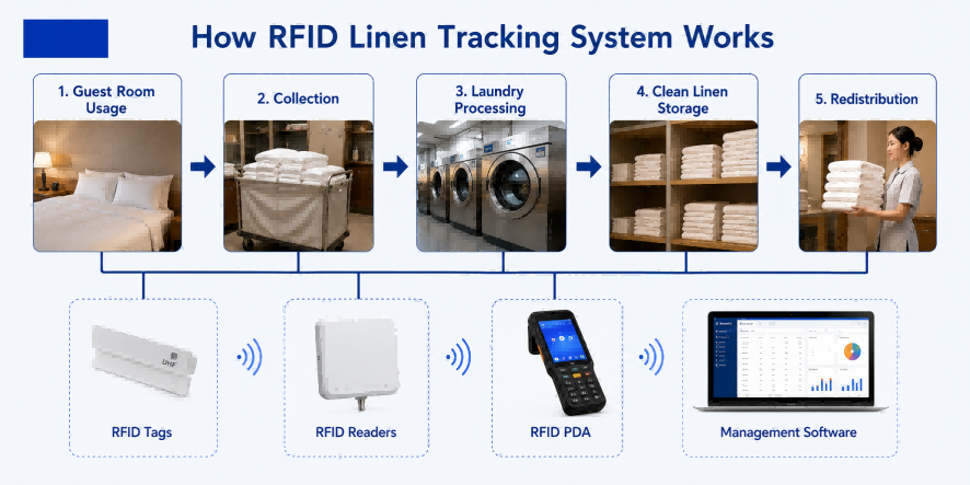 RFID linen tracking workflow showing guest room usage, linen collection, laundry processing, storage, redistribution, RFID tags, readers, PDA devices, and management software.