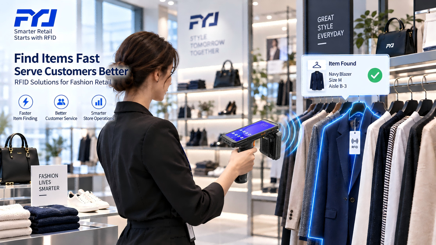 Fashion retail staff using an RFID handheld PDA to count multiple tagged garments and view real-time inventory data