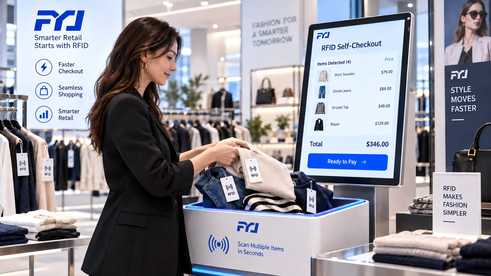 Customer using an RFID self-checkout station to identify multiple tagged clothing items and complete checkout faster