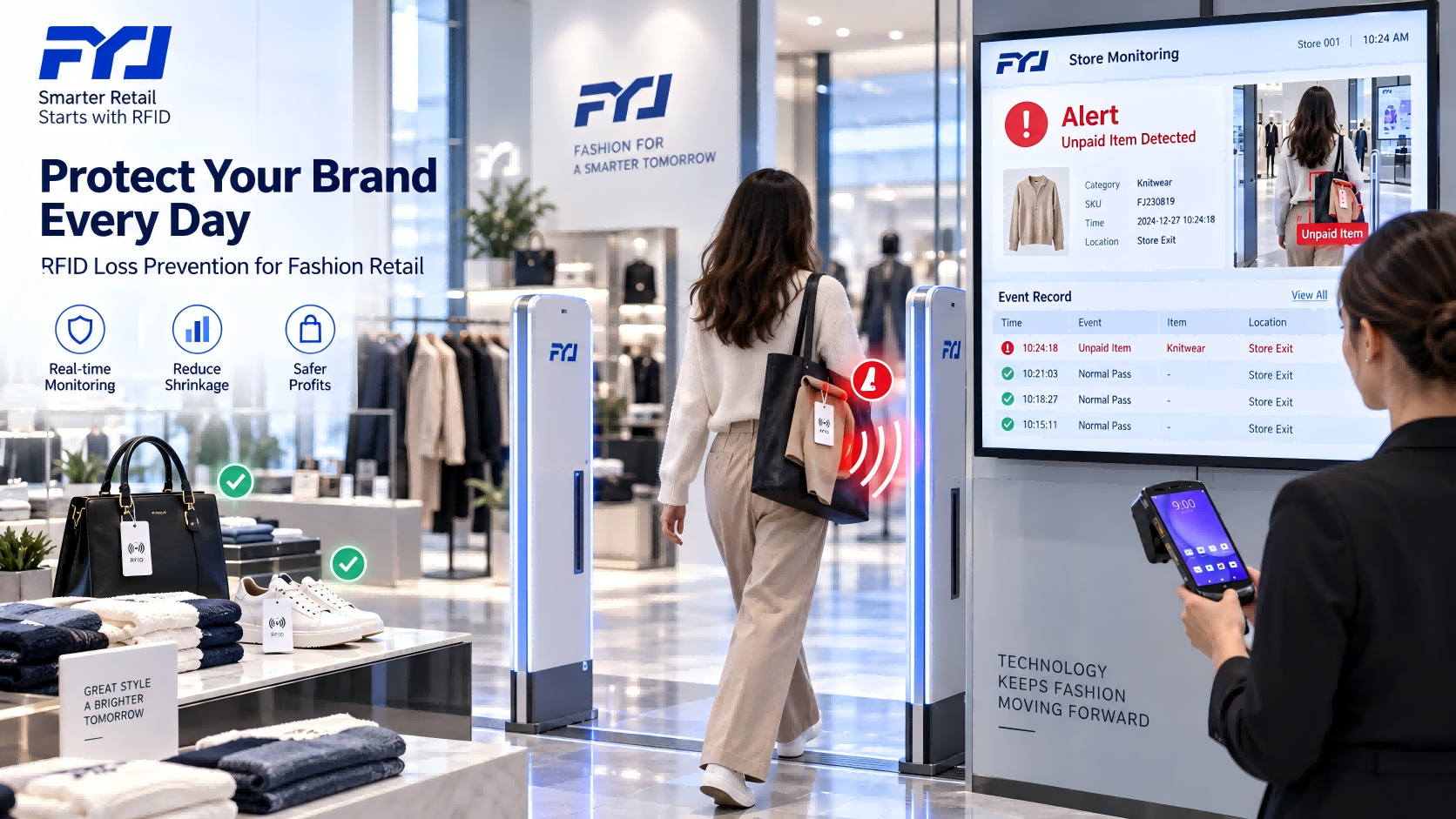 Prevention for Fashion RetailRFID access control system detecting an unpaid tagged item at a fashion store exit with real-time alert monitoring